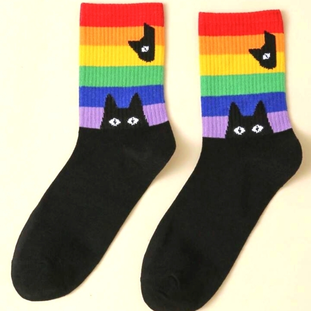 🌈 Socks--Staring Kitty + Peeking Kitty Socks Black W-Crew
